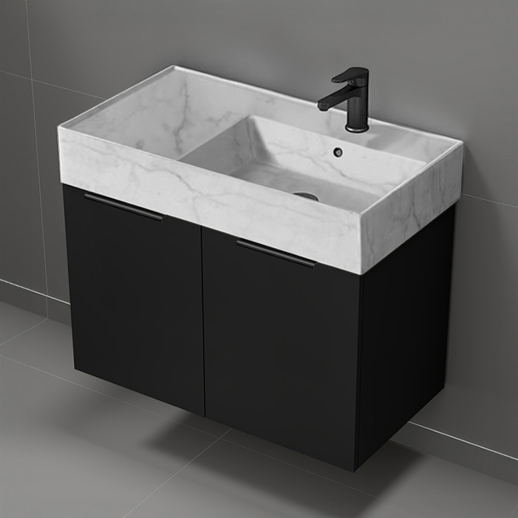 Nameeks DERIN806 32 Inch Black Bathroom Vanity With Marble Design Sink, Floating, Modern